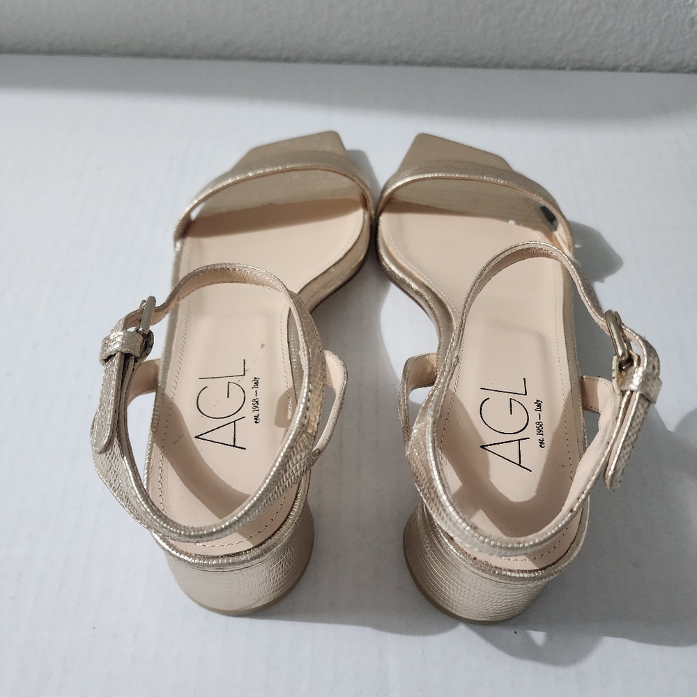 AGL Gold Metallic Block Heel Sandals Ankle Strap Designer Italy Size 10 - Picture 5 of 12